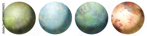 Set of watercolor planets isolated on white background. Collected colorful backgrounds in a circle. Abstract space objects of different colors.