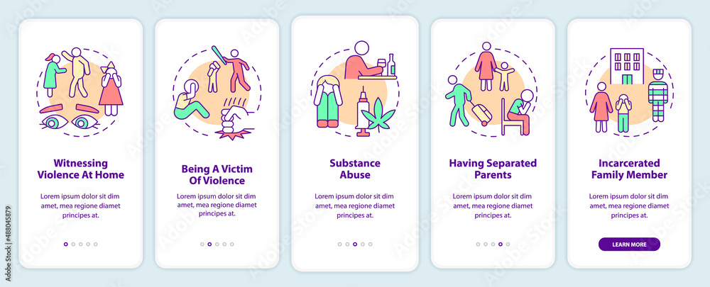 Parents adverse behavior that impacts kids onboarding mobile app screen. Walkthrough 5 steps graphic instructions pages with linear concepts. UI, UX, GUI template. Myriad Pro-Bold, Regular fonts used
