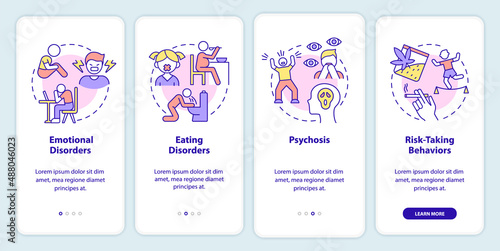 Possible teen disorders onboarding mobile app screen. Emotional problems walkthrough 4 steps graphic instructions pages with linear concepts. UI, UX, GUI template. Myriad Pro-Bold, Regular fonts used