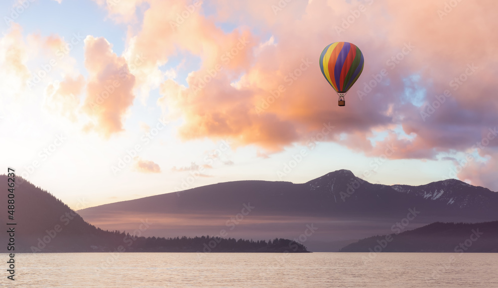 Fotografie Hot Air Balloon flying over Canadian Mountain Nature Landscape on the Pacific West Coast