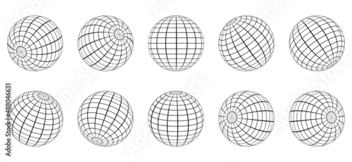 Globe Grid Sphere Set. 3D Wire Global Earth Latitude, Longitude. Geometric Grid Globe. Round Grid Mesh Ball. Wired Line 3D Planet Globe. Wireframe Globe Surface. Isolated Vector Illustration