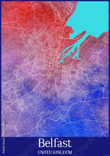 Valokuvatapetti Watercolor map of Belfast United Kingdom.