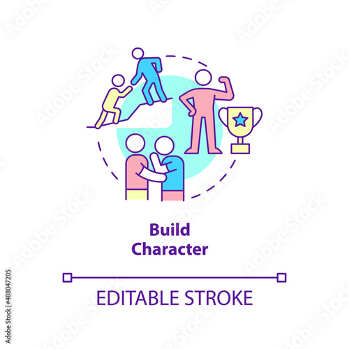 Build character concept icon. Upbringing mentally strong children abstract idea thin line illustration. Strengthening mind. Isolated outline drawing. Editable stroke. Arial, Myriad Pro-Bold fonts used