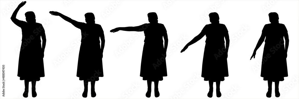 Five black silhouettes isolated on white. A group of women stands straight and moves their arms. Hands in motion, legs without movement, standing still. Smooth, elegant, graceful hand movements.