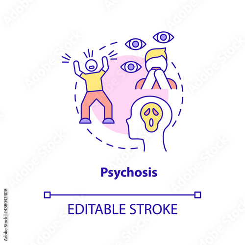 Psychosis concept icon. Teenager mental disorder diagnosis abstract idea thin line illustration. Adolescent health issues. Isolated outline drawing. Editable stroke. Arial, Myriad Pro-Bold fonts used