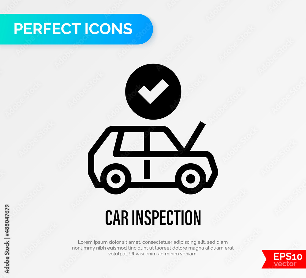 Car inspection thin line icon: car with open hood and check mark above. Vector illustration for car service.