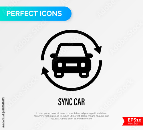 Car in arrows. Sync car thin line icon. Vector illustration.