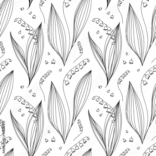 Vector seamless floral pattern. Lillies of the valley hand-drawn background. Artistic botanical backdrop.