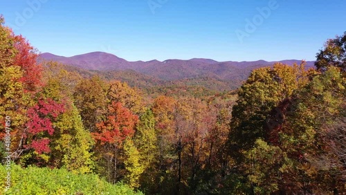Beautiful aerial of trees turning color in autumn or fall in the Blue Ridge Mountains of Appalachia, North Georgia, the Chattahoochee�Oconee National Forest. photo
