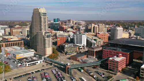 Good aerial over Grand Rapids, Michigan apartment tower, downtown and city skyline. photo