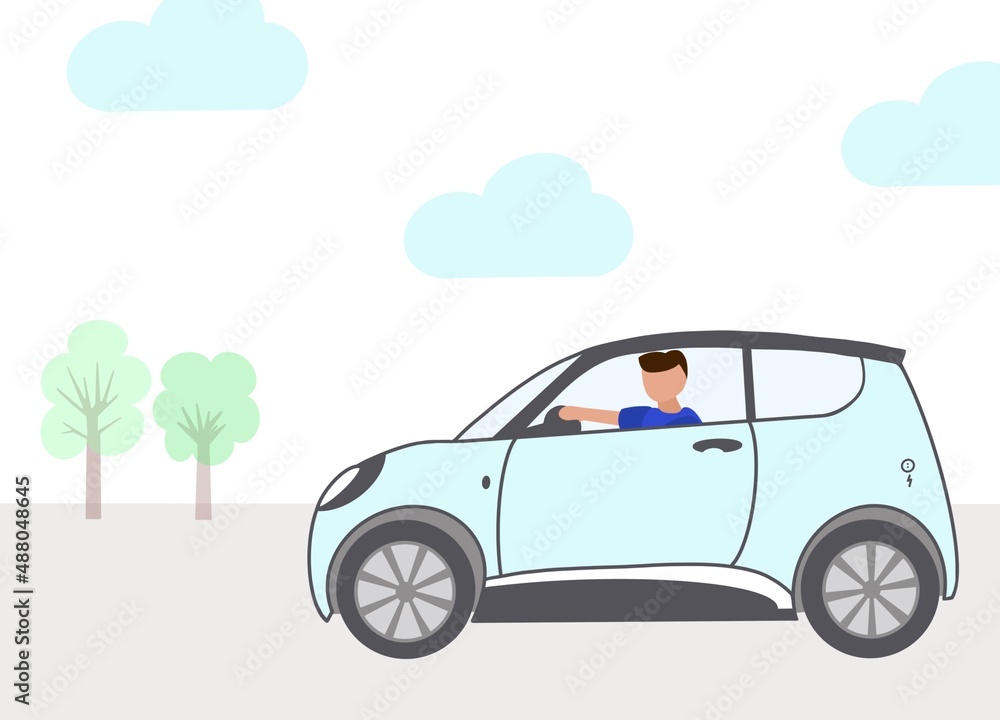 Electronic car on the road, man in the car Electronic car on the road, man in the car