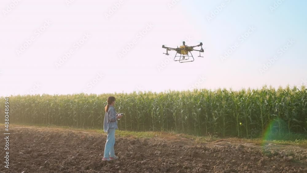 Young smart farmer controlling drone spraying fertilizer and pesticide over farmland,High technology innovations and smart farming Young smart farmer controlling drone spraying fertilizer and pesticide over farmland,High technology innovations and smart farming