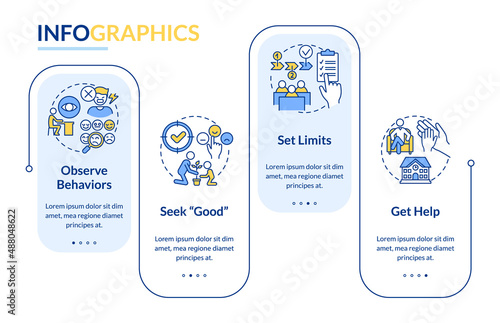 Conduct disorder tips for teacher rectangle infographic template. Data visualization with 4 steps. Process timeline info chart. Workflow layout with line icons. Lato-Bold, Regular fonts used