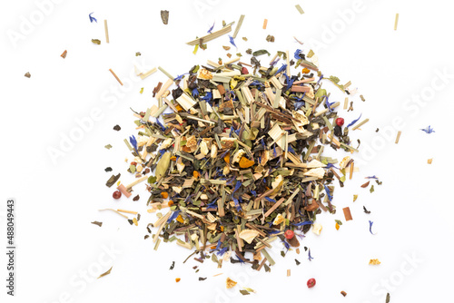 Herbal tea on a white background. Top view. © gitusik
