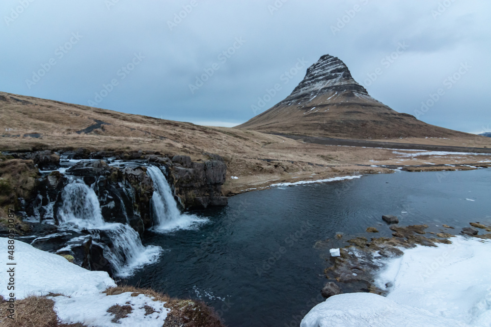 mountain river in winter, Kirkjufell in Iceland