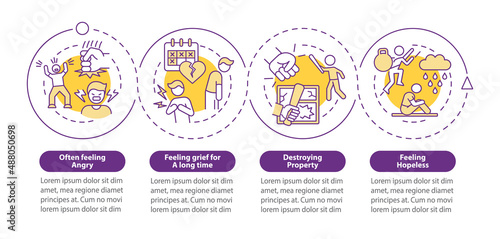 Warning signs of teen behavior purple circle infographic template. Data visualization with 4 steps. Process timeline info chart. Workflow layout with line icons. Myriad Pro-Bold, Regular fonts used