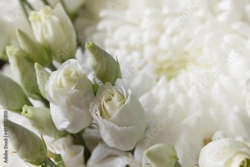 bouquet of white roses and chrysanthemums close-up