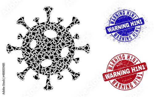 Round WARNING H1N1 scratched seals with tag inside round forms, and debris mosaic covid virus icon. Blue and red stamp seals includes WARNING H1N1 tag. Covid virus mosaic icon of debris elements.
