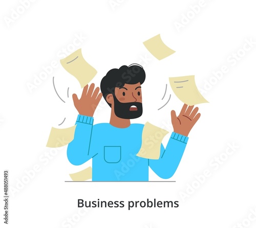 Busy person in stress and fatigue at work. Bearded man throws out sheets of paper and gets angry because of overload at work. Problems in business. Cartoon flat vector illustration in doodle style