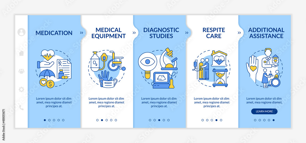 Hospice care provided services blue and white onboarding template. Responsive mobile website with linear concept icons. Web page walkthrough 5 step screens. Lato-Bold, Regular fonts used