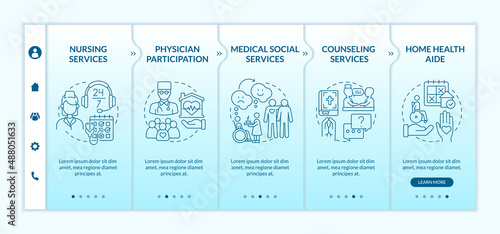Provided services of hospice care turquoise gradient onboarding template. Responsive mobile website with linear concept icons. Web page walkthrough 5 step screens. Lato-Bold, Regular fonts used