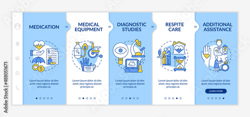 Hospice care provided services blue and white onboarding template. Responsive mobile website with linear concept icons. Web page walkthrough 5 step screens. Lato-Bold, Regular fonts used