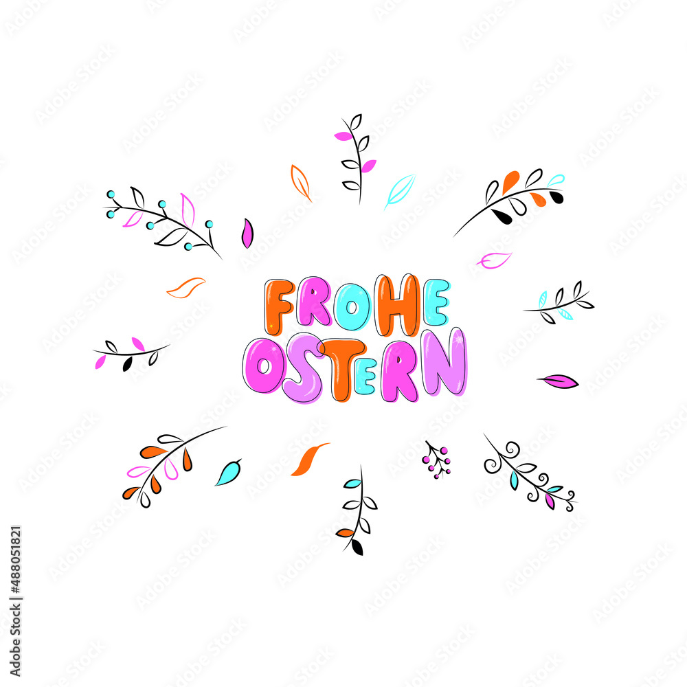 Happy Easter text in German (Frohe Ostern). Vector colorful illustration isolated on white background with floral frame. Hand lettering design for greeting card, poster, invitation. Modern flat style