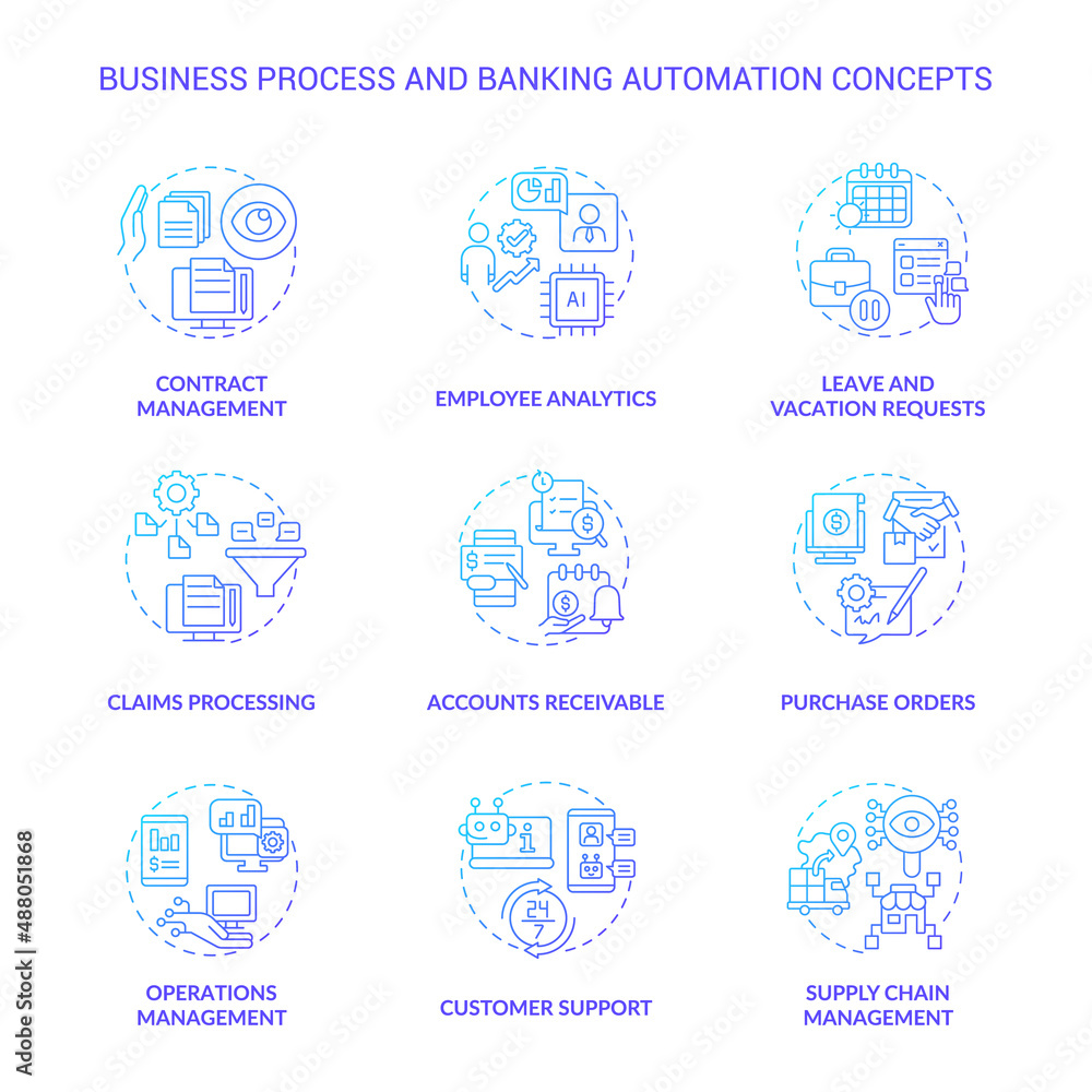 Business process and banking automation blue gradient concept icons set. Autonomous tasks idea thin line color illustrations. Isolated symbols. Roboto-Medium, Myriad Pro-Bold fonts used