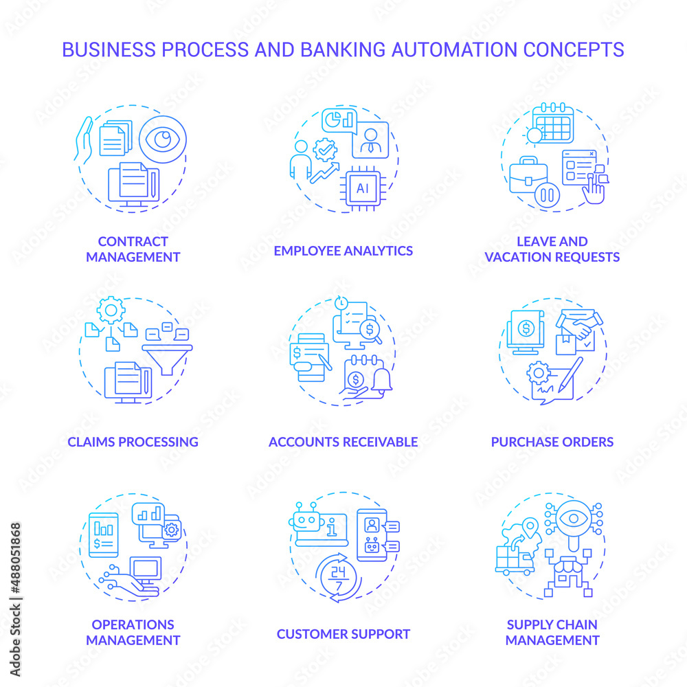 Business process and banking automation blue gradient concept icons set. Autonomous tasks idea thin line color illustrations. Isolated symbols. Roboto-Medium, Myriad Pro-Bold fonts used Business process and banking automation blue gradient concept icons set. Autonomous tasks idea thin line color illustrations. Isolated symbols. Roboto-Medium, Myriad Pro-Bold fonts used