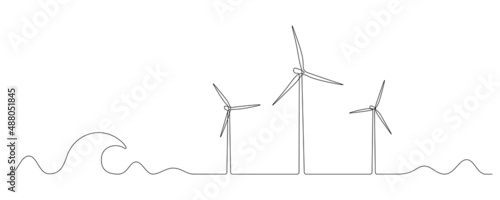Wind farm turbines and windmill at the Sea in One continuous line drawing. Green energy and renewable source of power concept in simple linear style. Doodle vector illustration.
