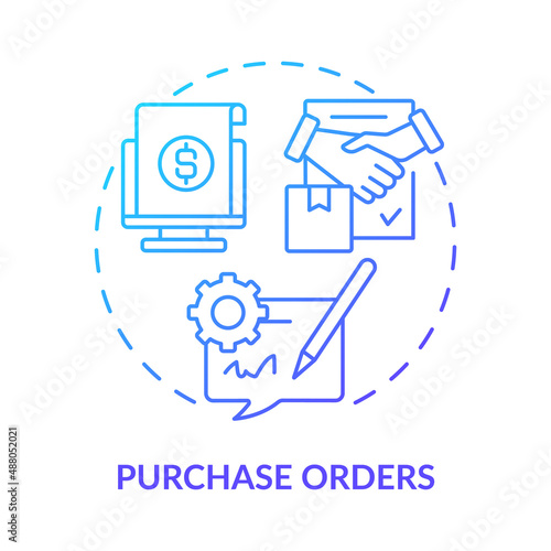 Purchase orders blue gradient concept icon. Request and approval management. Automation in business abstract idea thin line illustration. Isolated outline drawing. Myriad Pro-Bold font used