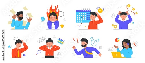 Set of busy people in stress and fatigue at work. Men and women get tired because of business problems, lot of work and short deadlines. Cartoon flat vector collection isolated on white background