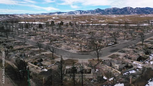 2022 - aerial reveals destroyed burned homes and neighborhoods in ruin following the Marshall Fire in Louisville, Superior and Boulder, Colorado. photo