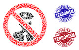 Round TERRORISM corroded stamp prints with caption inside round forms, and shard mosaic stop policeman icon. Blue and red stamps includes TERRORISM tag. Stop policeman mosaic icon of shard elements.