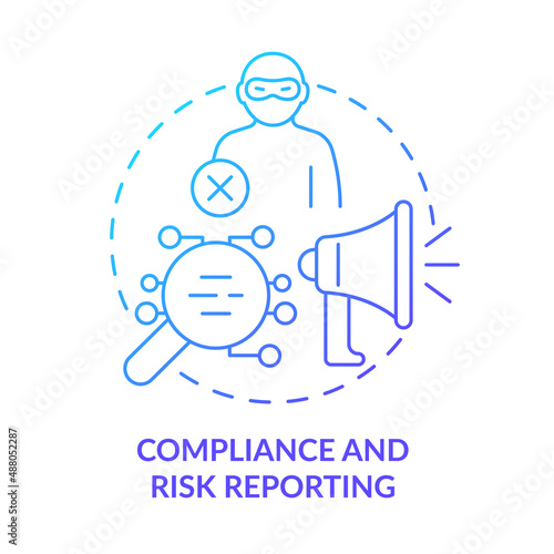 Compliance and risk reporting blue gradient concept icon. Cyber security. Automated banking abstract idea thin line illustration. Isolated outline drawing. Myriad Pro-Bold font used
