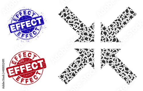 Round EFFECT textured seals with tag inside round shapes, and shard mosaic pressure arrows icon. Blue and red seals includes EFFECT tag. Pressure arrows mosaic icon of fraction items.