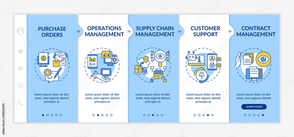 Fototapeta premium Automation in business blue and white onboarding template. Autonomous operation. Responsive mobile website with linear concept icons. Web page walkthrough 5 step screens. Lato-Bold, Regular fonts used