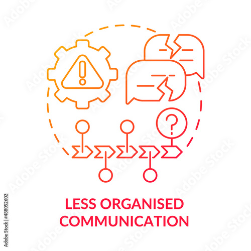 Less organised communication red gradient concept icon. Error prone activities. BPA challenges abstract idea thin line illustration. Isolated outline drawing. Myriad Pro-Bold font used