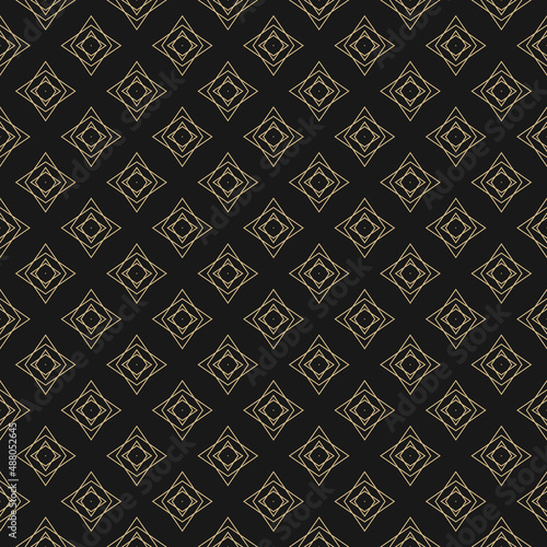 Golden vector seamless pattern with small linear diamond shapes, stars, rhombuses, crystals. Abstract black and gold geometric texture. Simple elegant ornament background. Modern repeat geo design