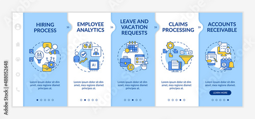 Examples of automation in business blue and white onboarding template. Responsive mobile website with linear concept icons. Web page walkthrough 5 step screens. Lato-Bold, Regular fonts used