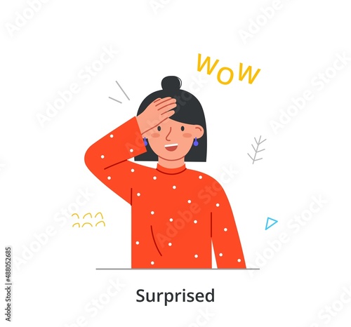 Shock and surprise reactions abstract concept. Excited woman hears positive news and rejoices. Female character optimist expresses her emotions. Cartoon contemporary flat vector illustration