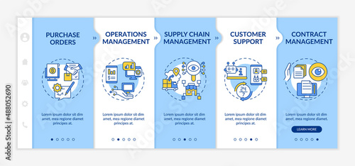 Automation in business blue and white onboarding template. Autonomous operation. Responsive mobile website with linear concept icons. Web page walkthrough 5 step screens. Lato-Bold, Regular fonts used