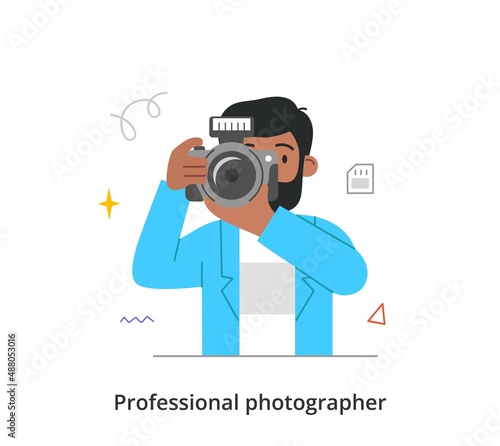 Professional photographer or cameramen abstract concept. Young man holds camera, adjusts lens and presses shooting button. Character takes beautiful photos.. Cartoon modern flat vector illustration