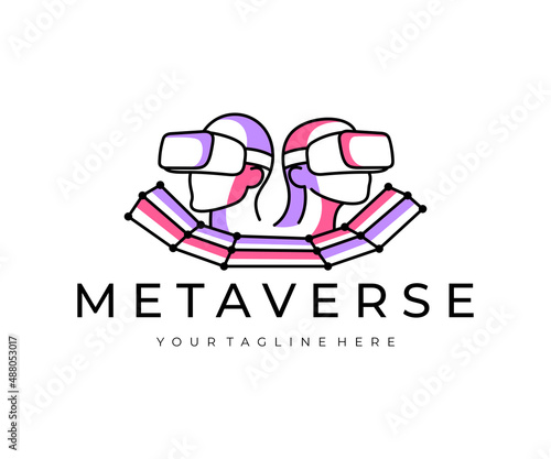 Metaverse, man and woman wearing virtual reality glasses, logo design. Cyberspace, VR, digital world and blockchain, vector design and illustration