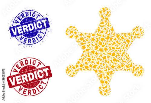 Round VERDICT grunge badges with tag inside round forms, and debris mosaic sheriff star icon. Blue and red stamps includes VERDICT caption. Sheriff star mosaic icon of debris parts.