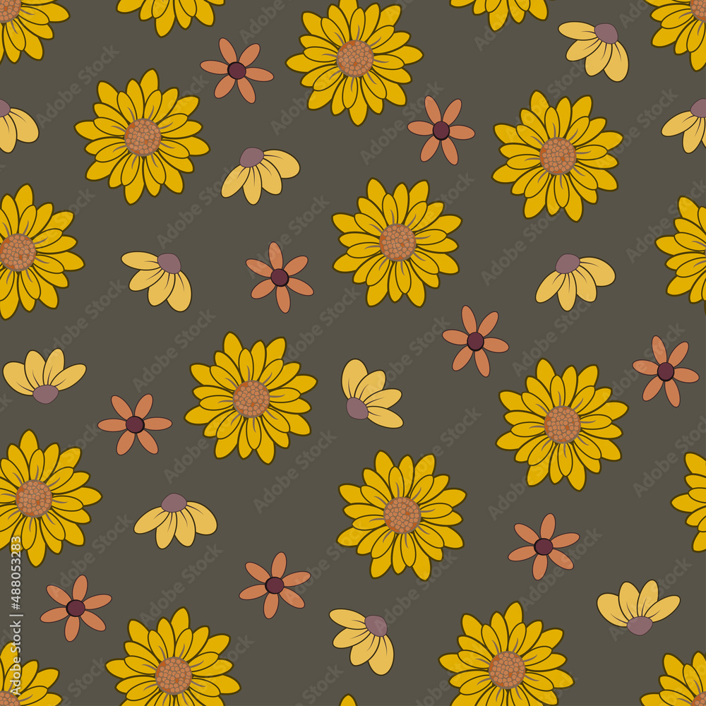 Seamless 70's retro hippie flowers pattern - Vintage groovy all over floral daisy print