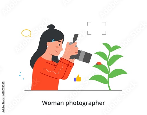 Professional photographer or cameramen abstract concept. Young woman holds digital camera and takes picture of ladybug on branch of plant. Capture moment. Cartoon modern flat vector illustration