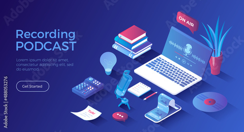 Recording Podcast. Online show, blogging, radio broadcasting, podcasting in internet website. Radio host workplace, microphone, headphones, mixer. Isometric landing page. Vector web banner.