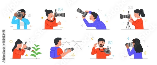 Set of professional photographers or cameramen at work. Men and women hold digital cameras and take beautiful photos of nature or people. Cartoon flat vector collection isolated on white background