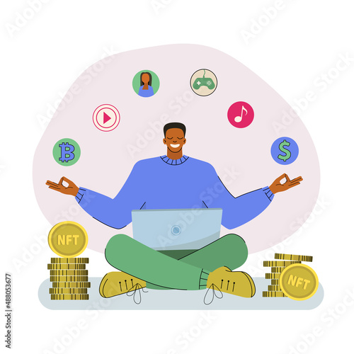 Male NFT artist behind laptop sells artwork online for ethereum, bitcoin. Vector illustration in a flat style